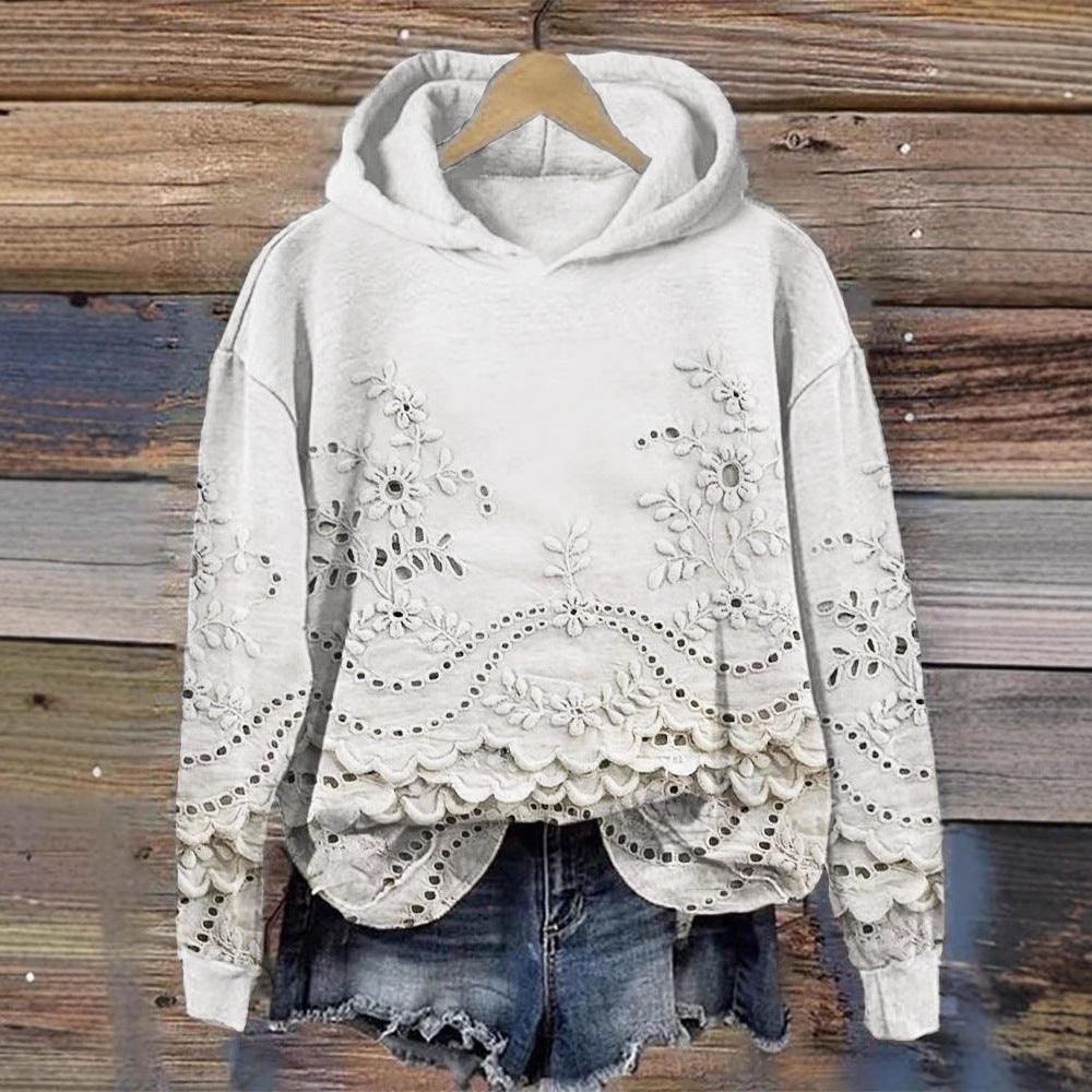 White floral lace hoodie.