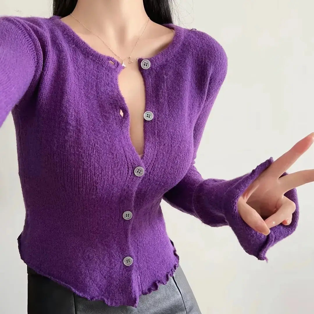 Sleeve Bell Plush Knit Cardigan Slim Slim Fit Hipster Stíl Sráid Cotton