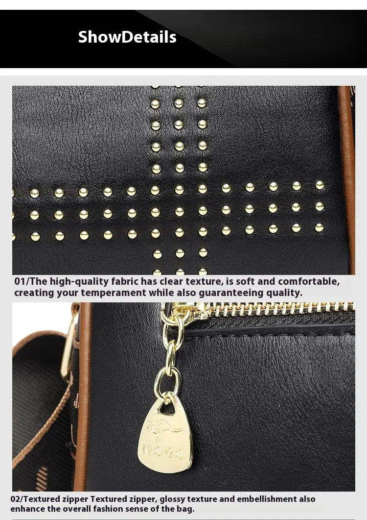 Color Contrast Patchwork Rivet Crossbody Bag with Soft Leather Shoulder Strap