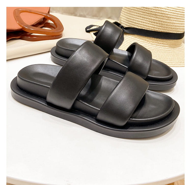 Black Sheepskin Flat Heel Slippers with Rubber Foam Sole