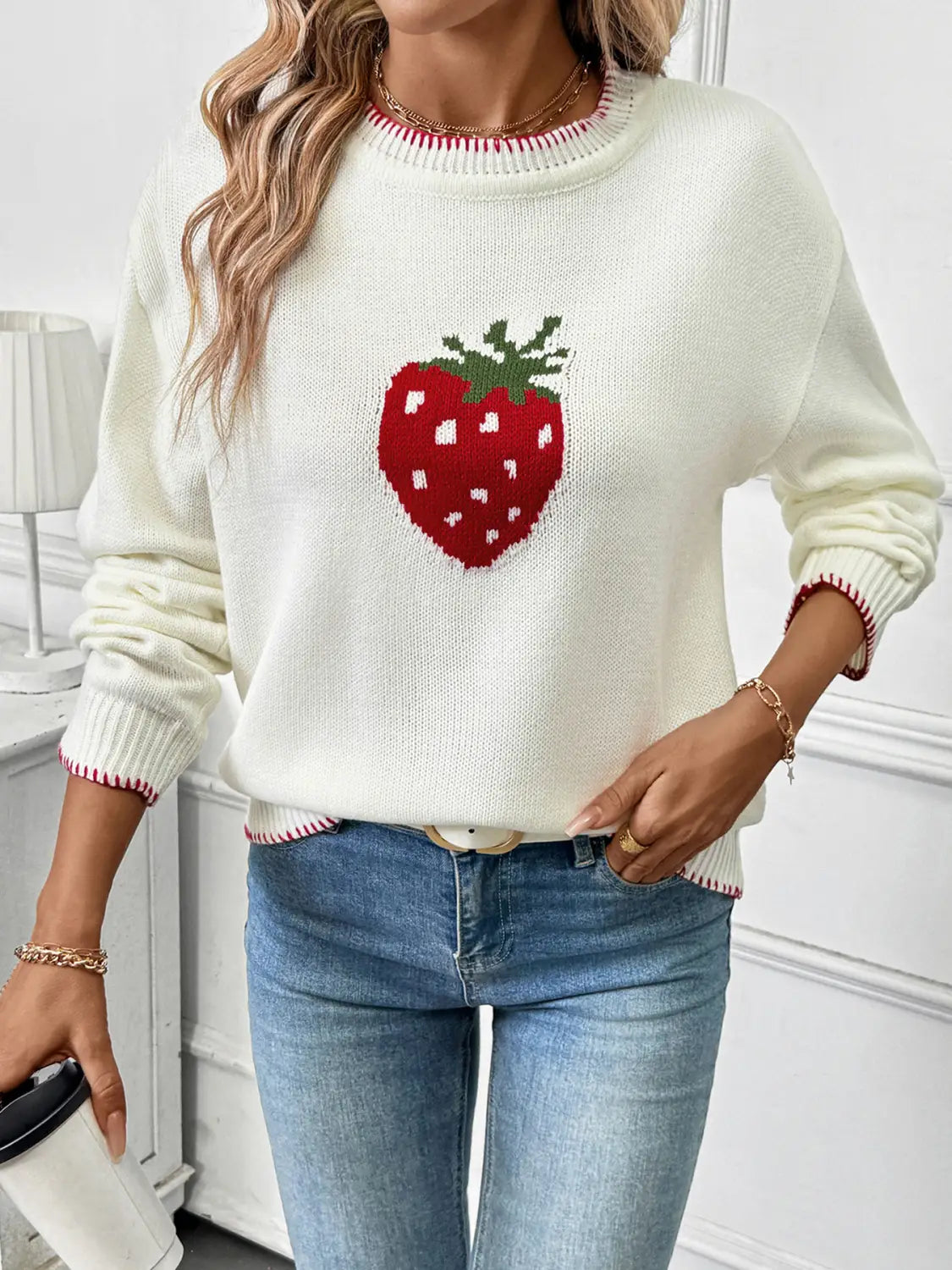 Strawberry Beige Loose Pullover Sweater for Women Acrylic Wool Knit Top