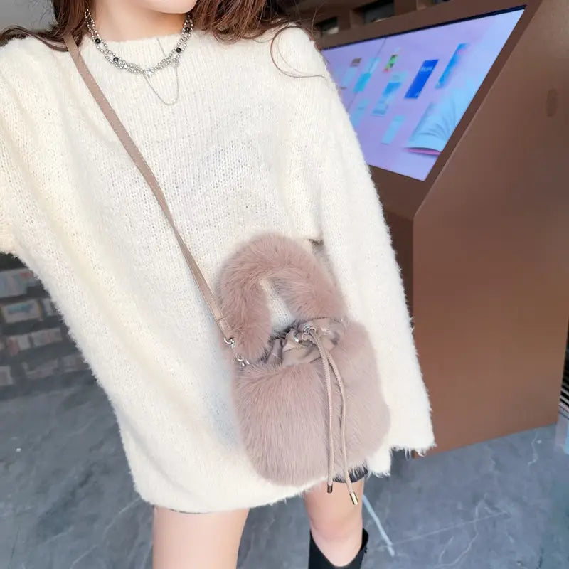 Furry Crossbody Bag Portable Bucket Suitcase with Soft Plush Material