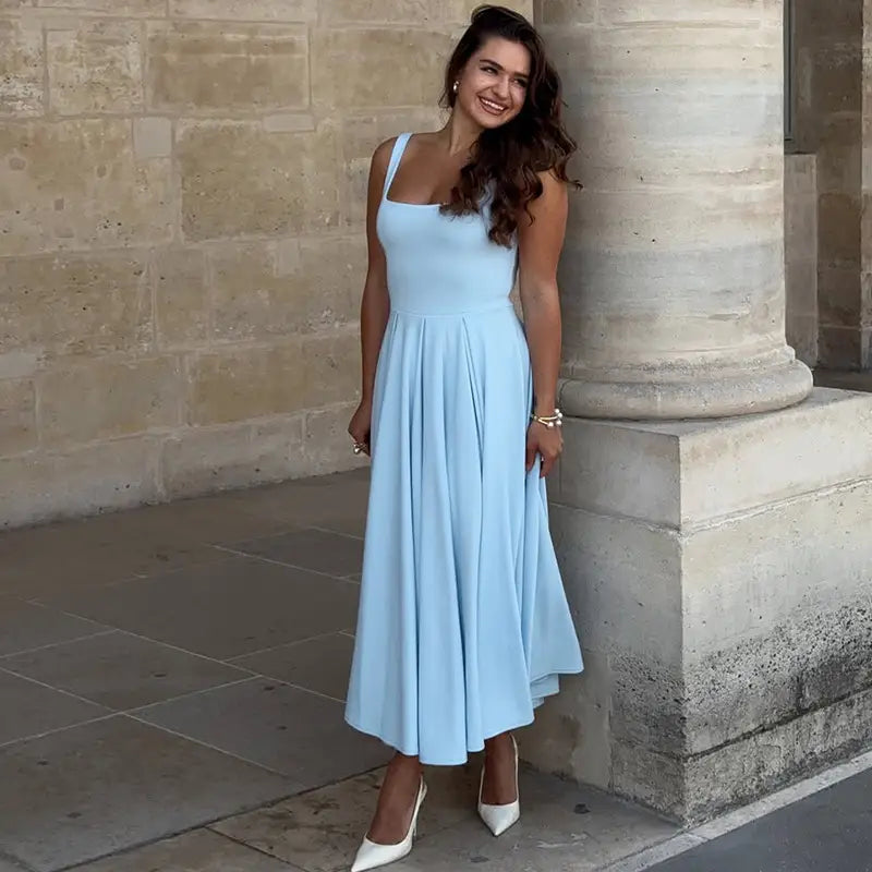 Sleeveless High Waist Midi Dress Milky White Black Blue Polyester S M L