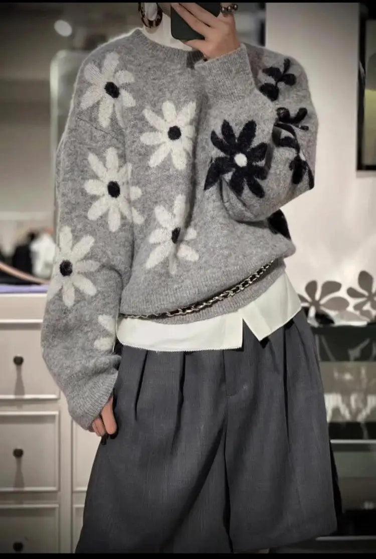 Harmaa kukka jacquard neulottu pullover pusero japanilainen korea rento löysä istuvuus