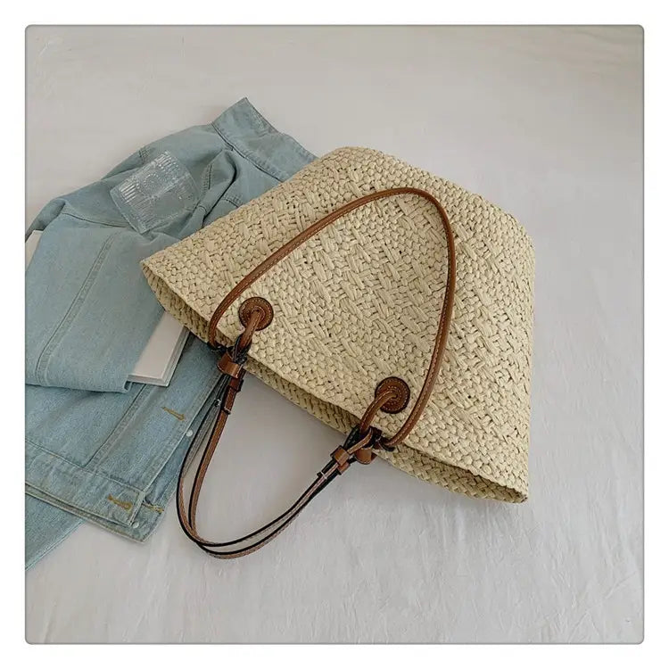 Woven Seaside Beach Bag with Open Pocket and Portable Straw Design