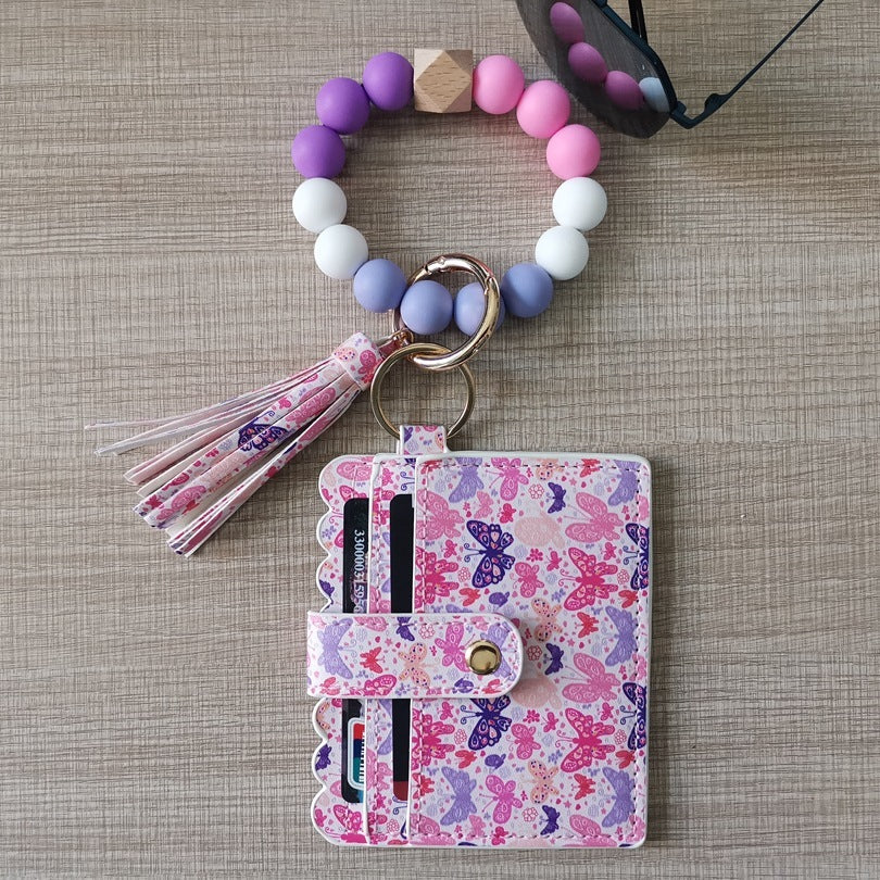 Fashion Beaded Bracelet Girls Small Wallet Lemon Printing Card Holder Silicone Beads Bracelet Keychain Credit - Fashion