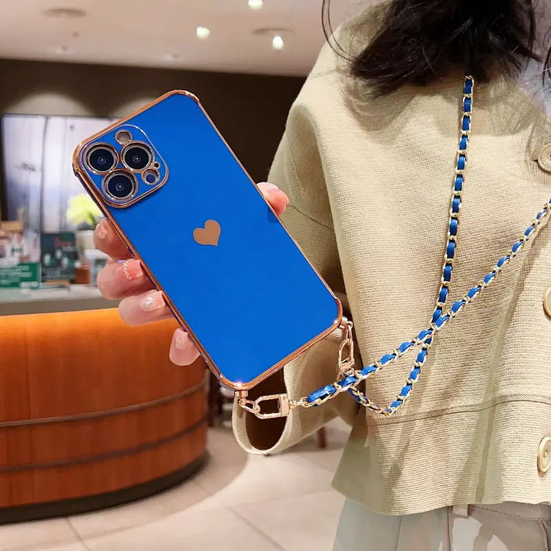 Electroplated Love Lanyard Phone Case for iPhone 11 12 8 with Anti-fall TPU