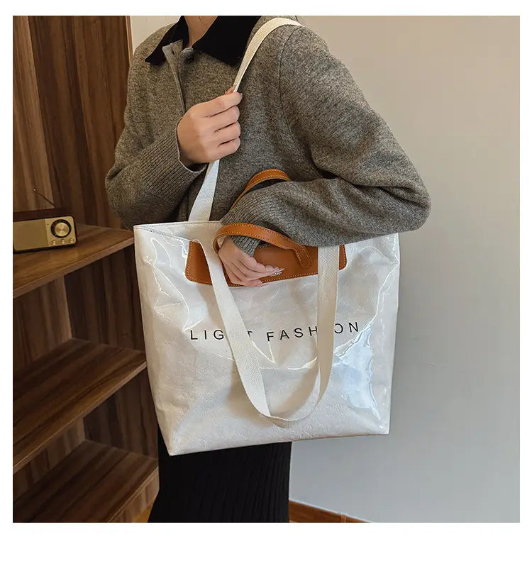 Kraft Paper Shoulder Bag Medium Square Tote in Neutral and Green Colors