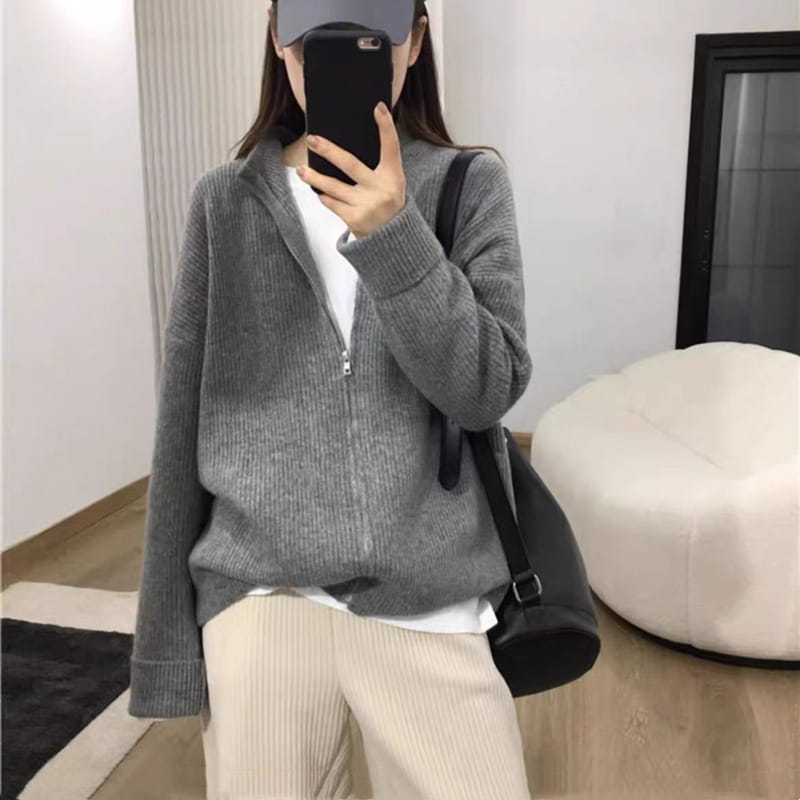 Tomgangsstil japansk koreansk casual glidelås cardigan løs strikket genser