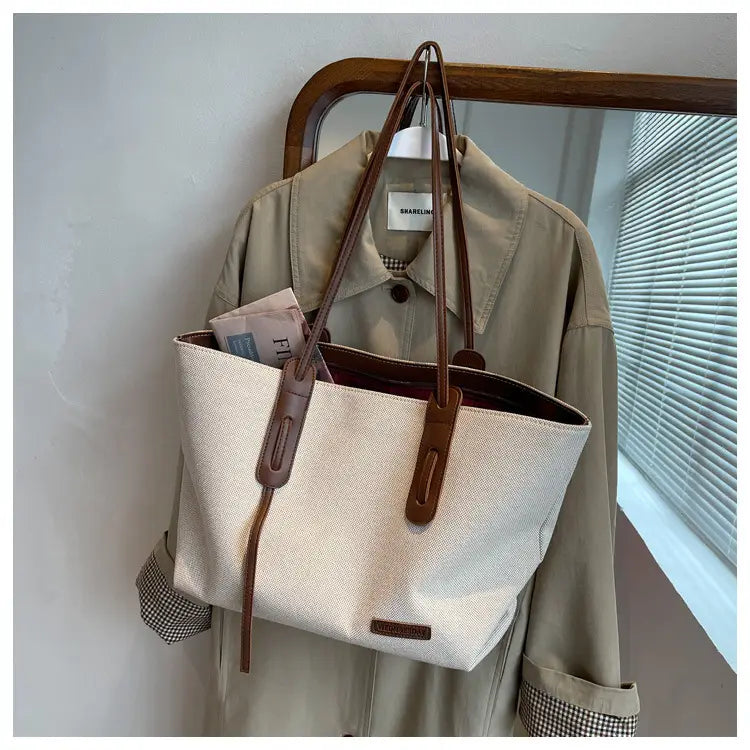 Canvas Shoulder Bag Large Oxford Tote Black Brown Double Strap for Travel Work