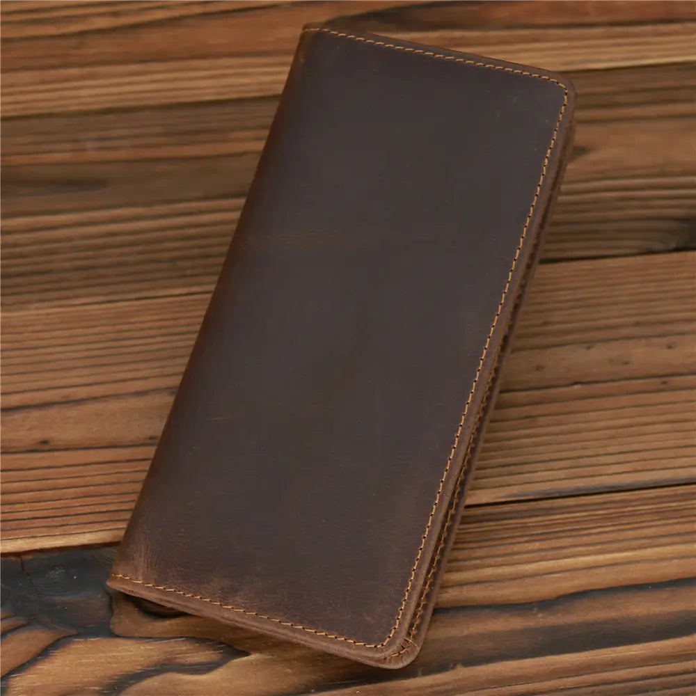 European Retro Leather Long Wallet for Men in Dark and Reddish Brown