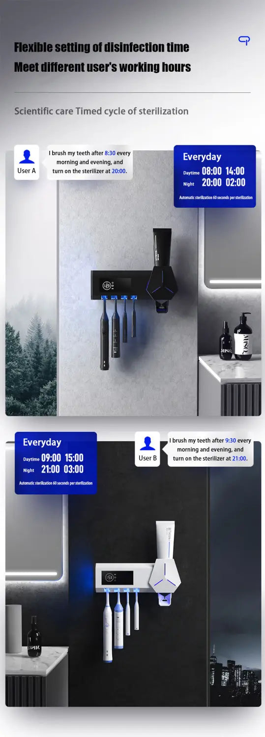 Dual Mode Wall Mounted UVC Ultraviolet Toothbrush Sterilizer System