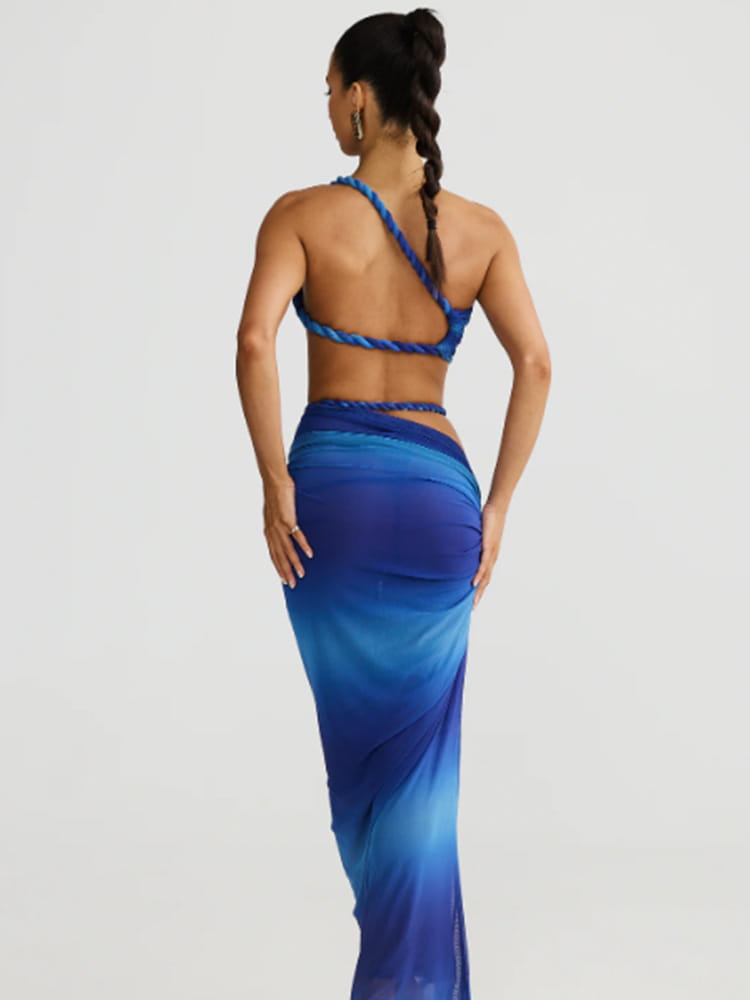 Long Skirt Two Piece Set Oblique Shoulder Spandex in Milky White Brown Blue