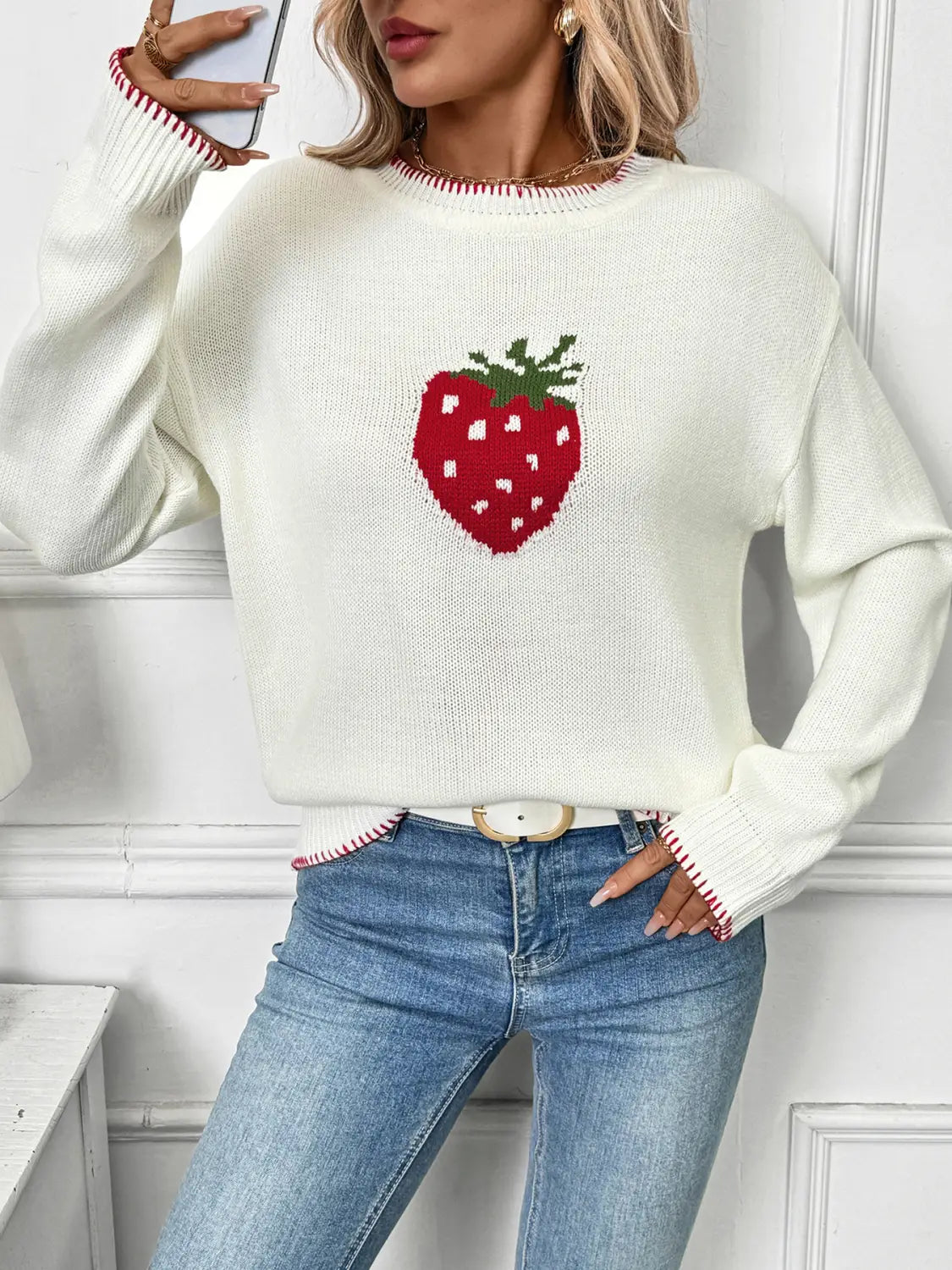 Strawberry Beige Loose Pullover Sweater for Women Acrylic Wool Knit Top