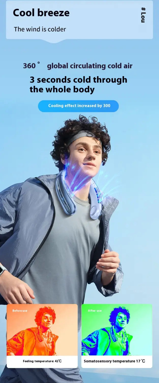 Outdoor Sports Portable Hanging Neck Fan with Digital Display and Lithium Battery