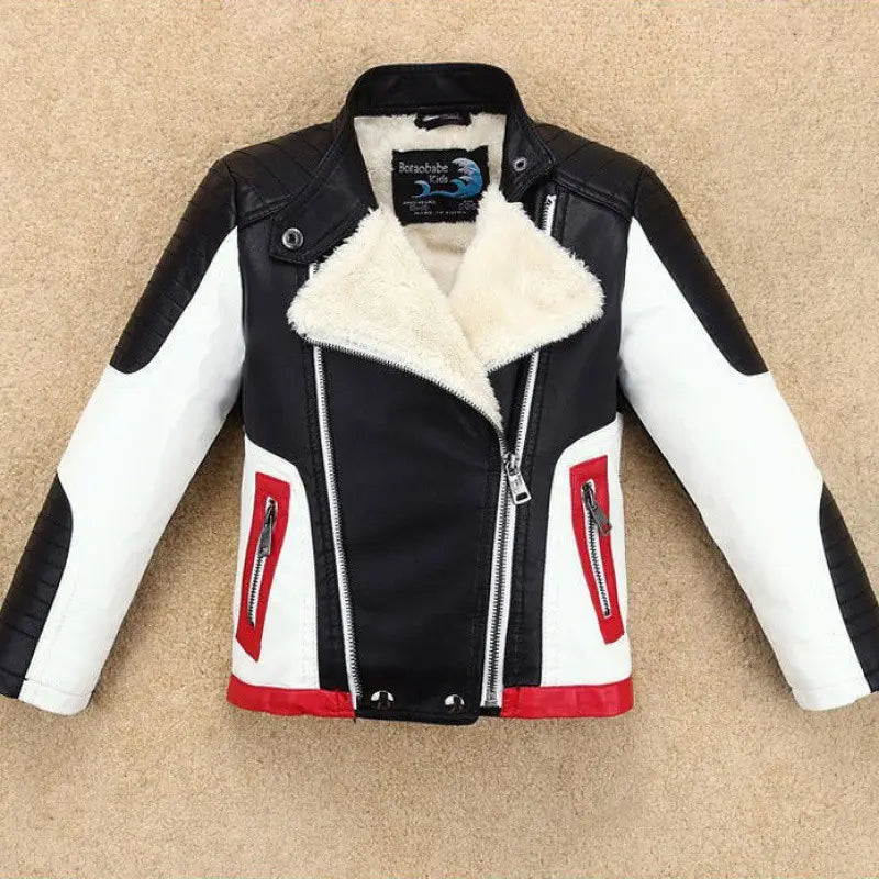 Thickened Leather Jacket for Children Over 8 Black or Red Spring Autumn