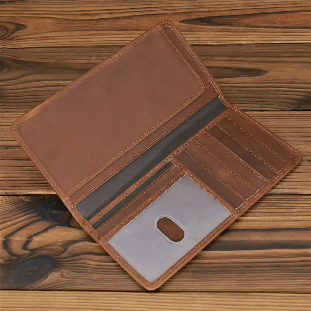 European Retro Leather Long Wallet for Men in Dark and Reddish Brown
