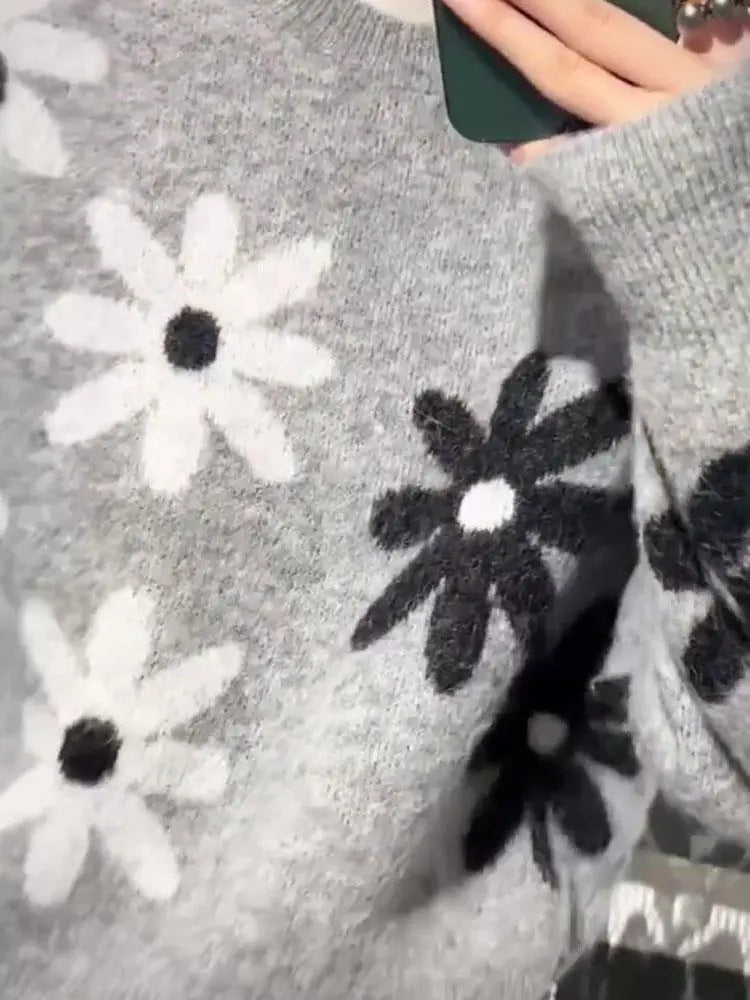 Harmaa kukka jacquard neulottu pullover pusero japanilainen korea rento löysä istuvuus