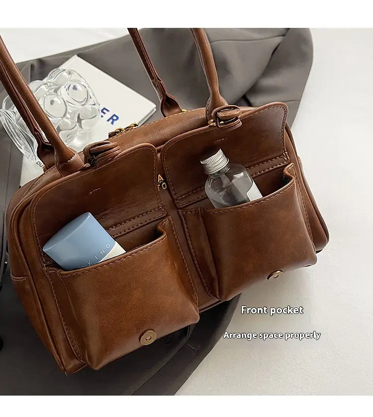 Geanta de umăr din piele PU cu buzunar cu fermoar și design splicing pentru femei