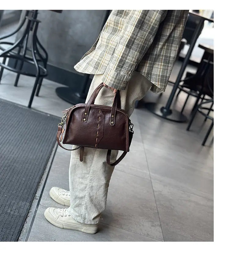 Portable Crossbody Bag with Genuine Leather for Simple Retro Literary Style