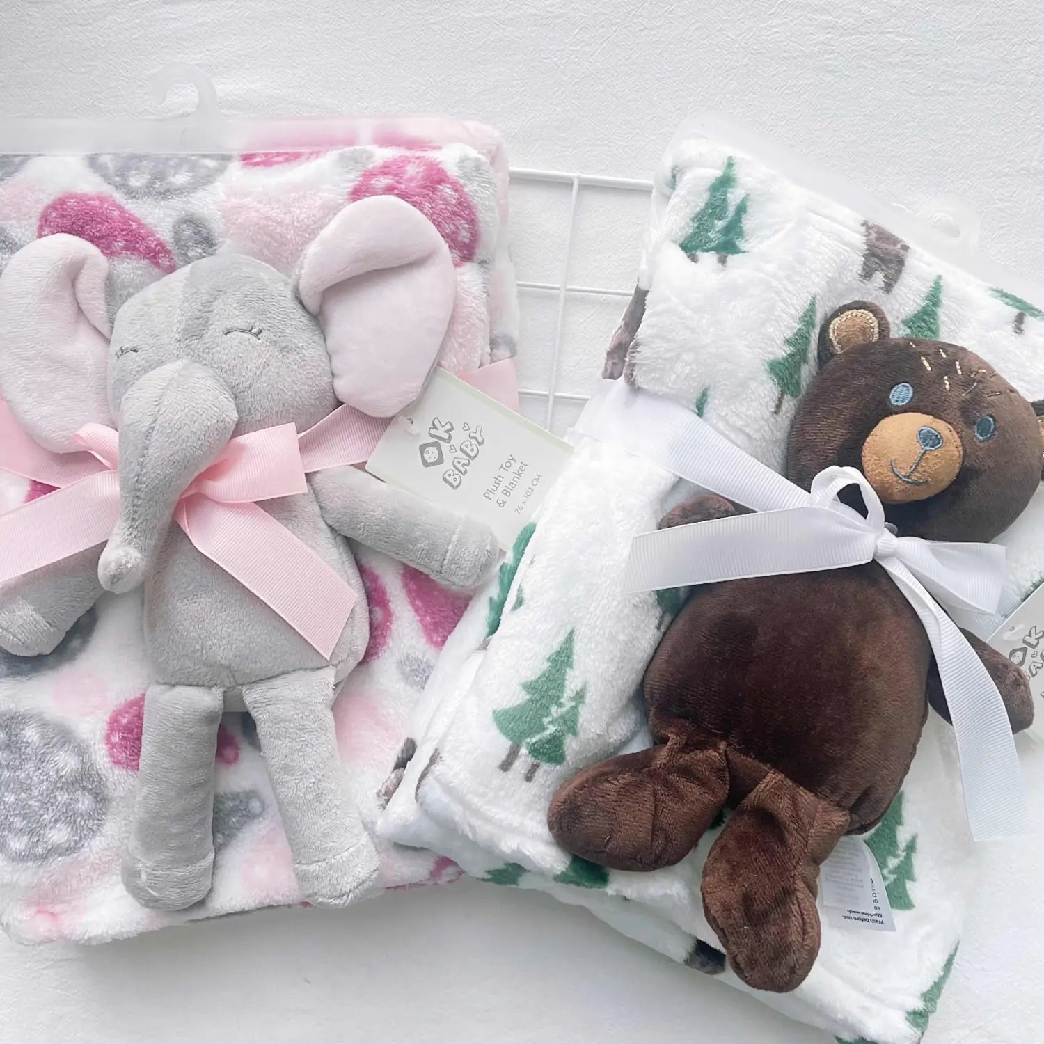 Pink Gray Elephant and Brown Bear Baby Blanket with Doll in Coral Fleece