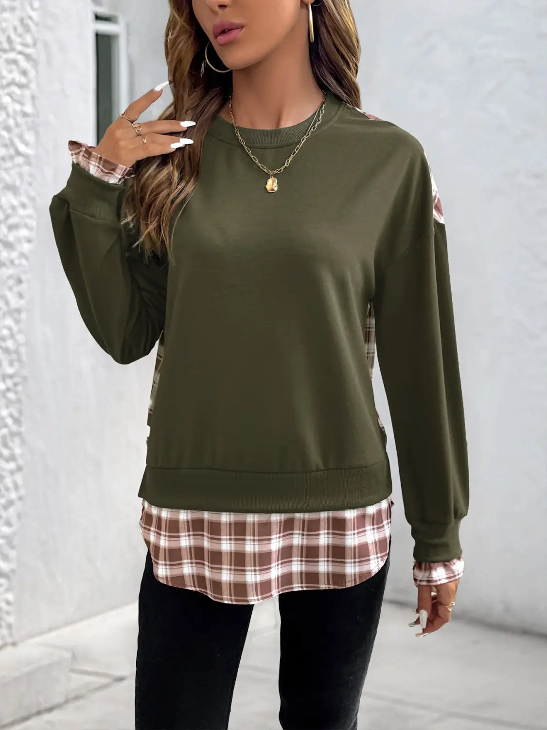 Army Green Loose Fit Pullover Japanese Korean Casual Splice Sweatshirt