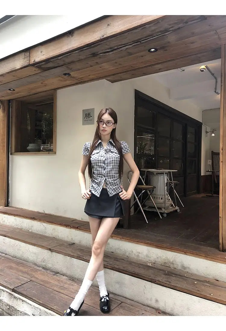 Plaid Cotton Short Sleeve Shirt for Women Men Loose Fit Spring Summer