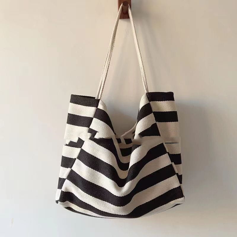 Large Capacity Shoulder Bag with Artistic Contrast Color and Striped Canvas Design