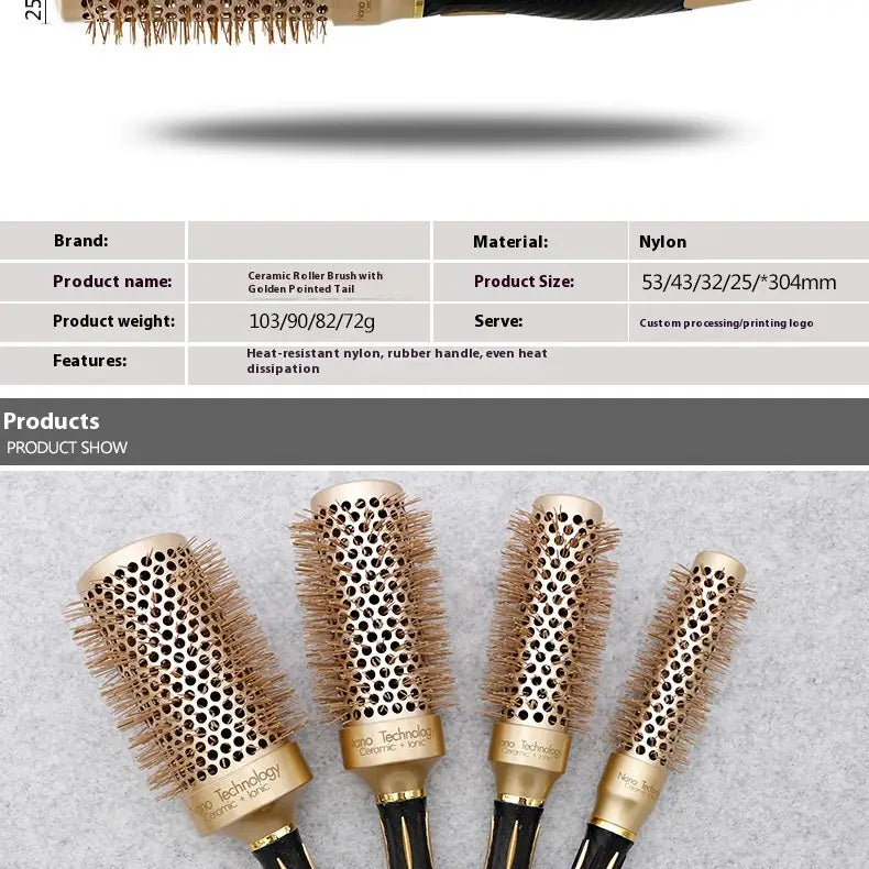 Golden Nylon Wool Ceramic Tube Rolling Comb with Pointed Tail for Hair Styling