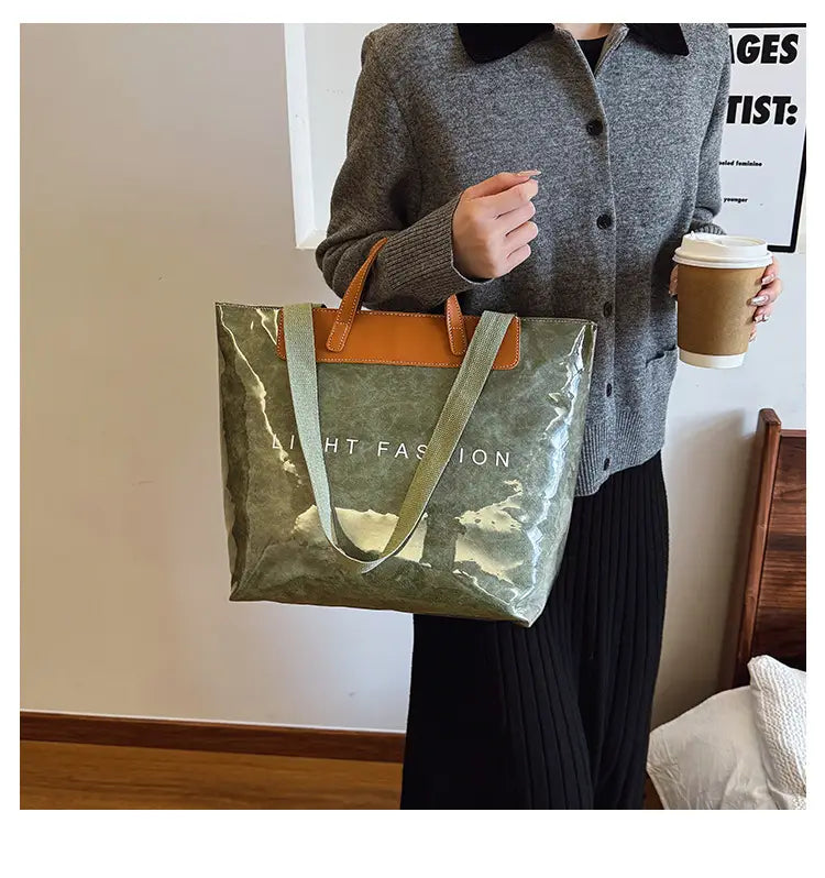 Kraft Paper Shoulder Bag Medium Square Tote in Neutral and Green Colors