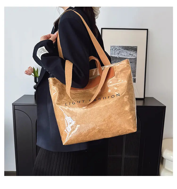 Kraft Paper Shoulder Bag Medium Square Tote in Neutral and Green Colors