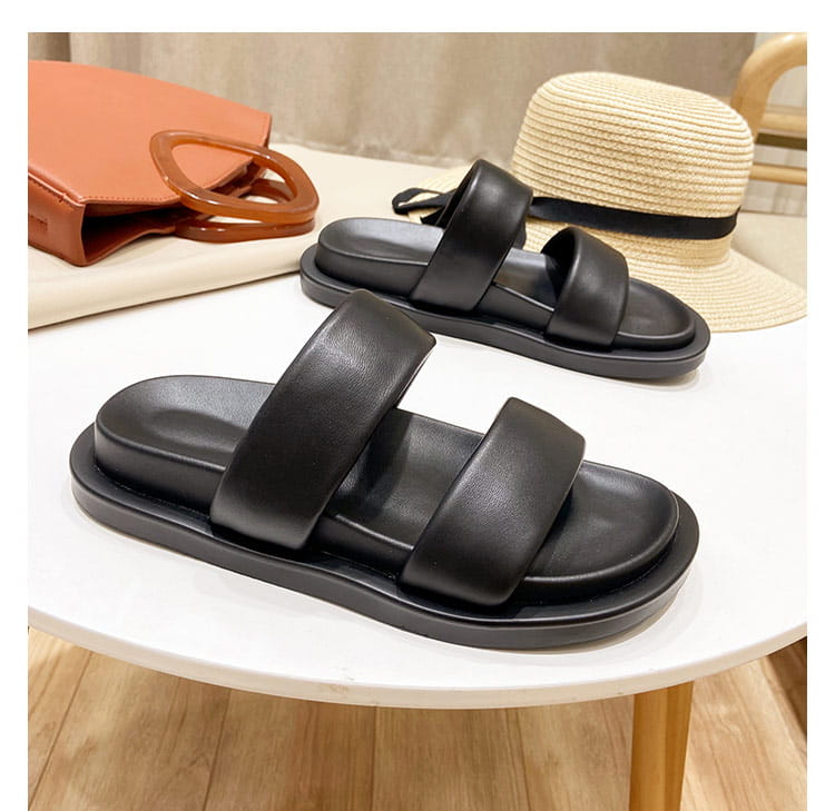 Black Sheepskin Flat Heel Slippers with Rubber Foam Sole