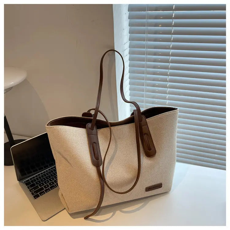 Canvas Shoulder Bag Large Oxford Tote Black Brown Double Strap for Travel Work