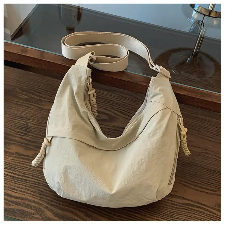 Nylon Messenger Bag Beige Black Travel Crossbody Shoulder Suitcase Purse