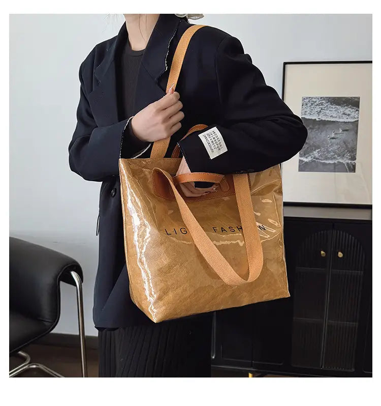 Kraft Paper Shoulder Bag Medium Square Tote in Neutral and Green Colors