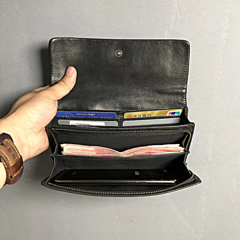 Black Cowhide Money Clip with Hidden Zipper and European Style Stitching