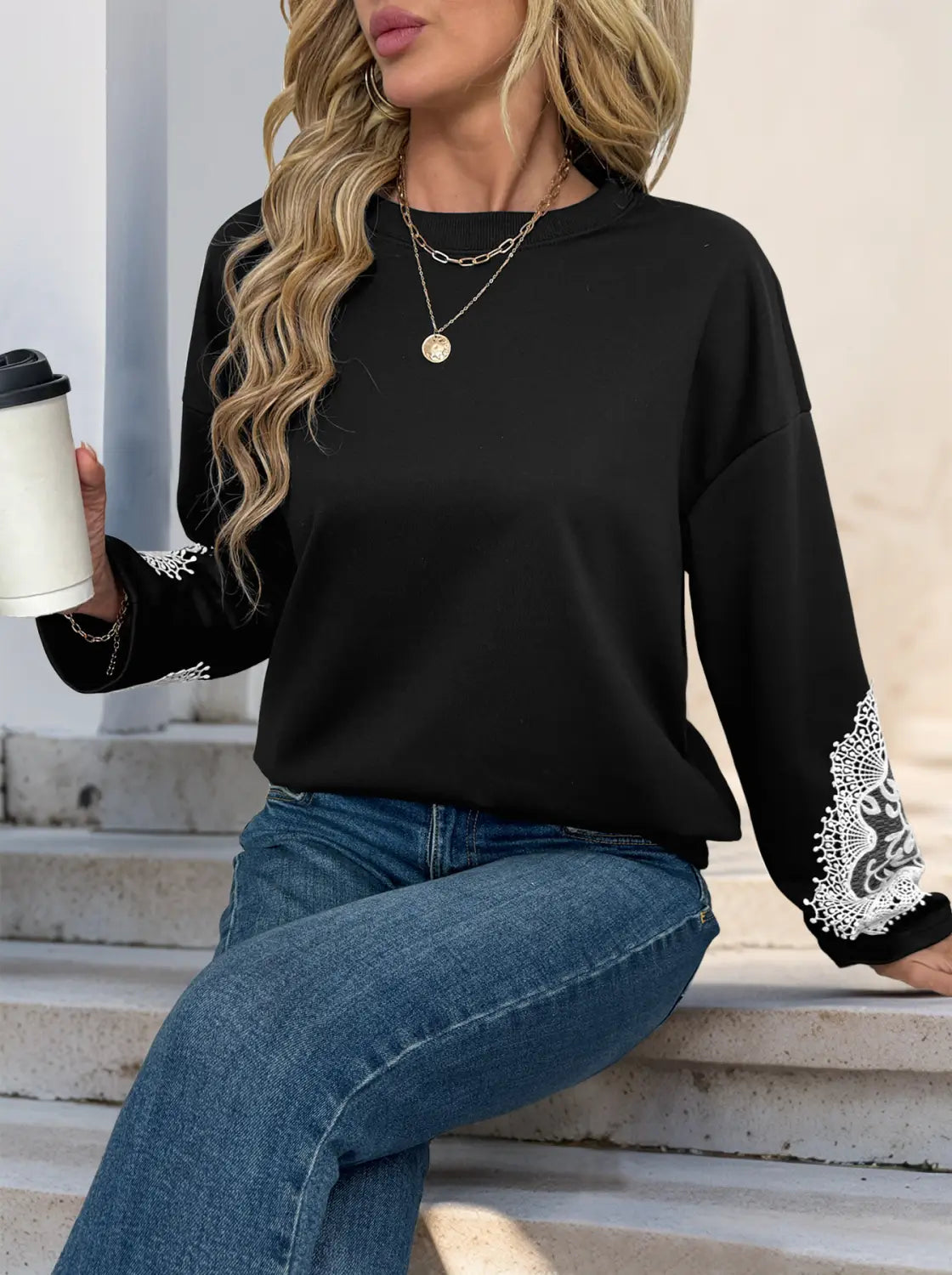 Black Lace Pullover cu mânecă lungă Casual Casual Femei Asiatice Dimensiuni S la XL
