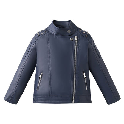 Boys’ Fashion Casual Solid Color Leather Jacket