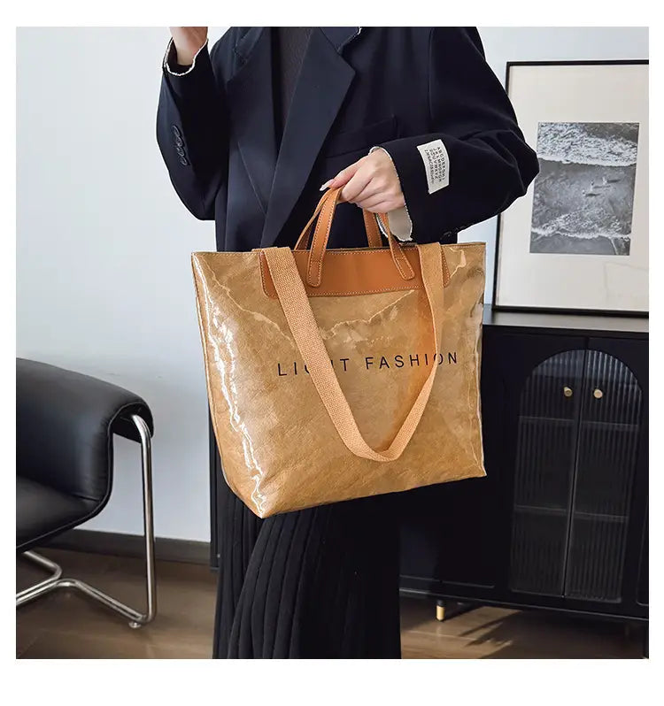 Kraft Paper Shoulder Bag Medium Square Tote in Neutral and Green Colors