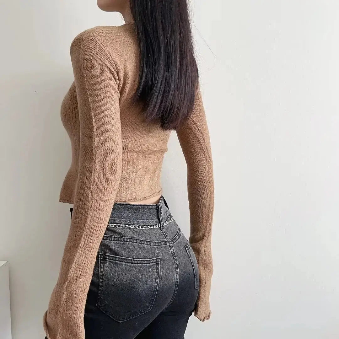 Sleeve Bell Plush Knit Cardigan Slim Slim Fit Hipster Stíl Sráid Cotton