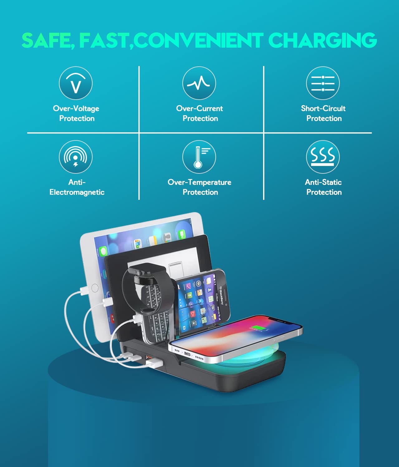 70W Charging Station For Multiple Devices 5 In 1 Fast Charging Dock With 10W Max Wireless Charger And 4 Ports 30W USB C