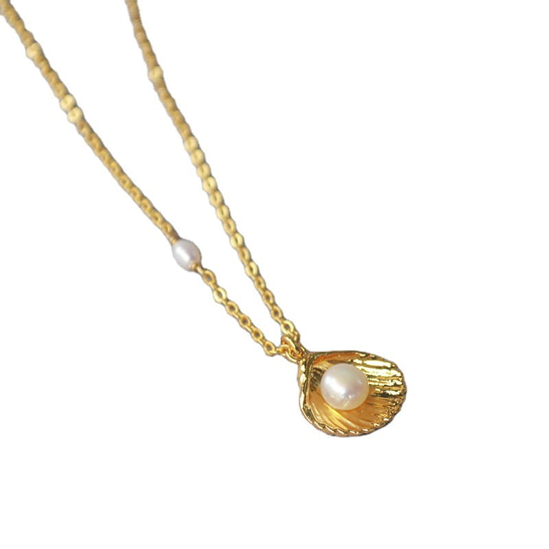 Brass Gold-plated Minimalist Gold Shell Freshwater Pearl Necklace