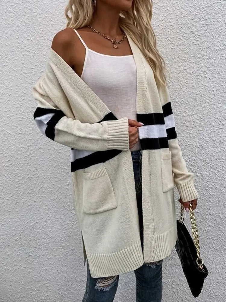 Contrast Color Striped Cardigan Gray Apricot Street Fashion Acrylic Sweater