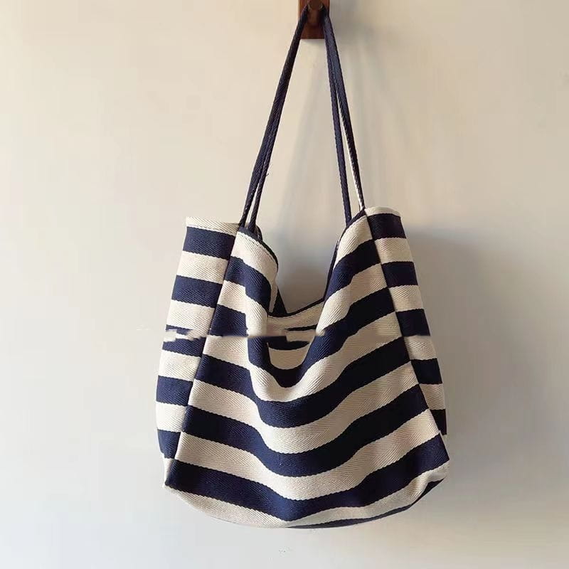 Large Capacity Shoulder Bag with Artistic Contrast Color and Striped Canvas Design