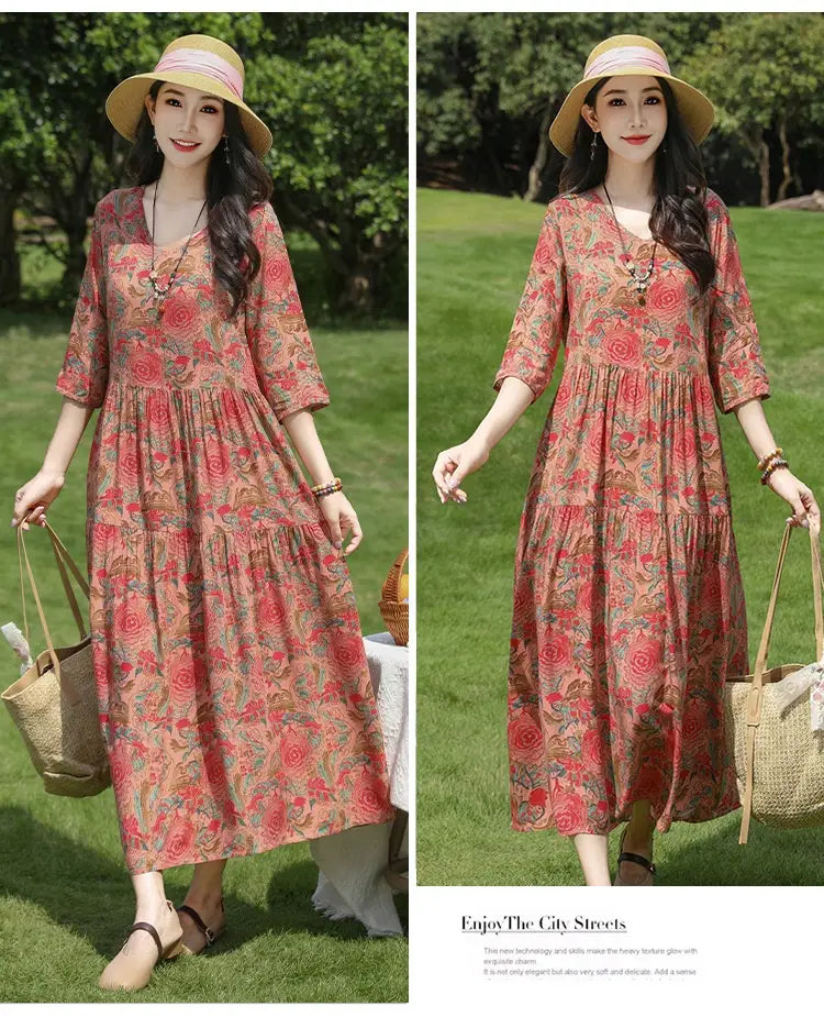 Plus-kokoinen Retro Art A-Line MIDI -hame Viscoosi Lyhythihainen mekko Naiset