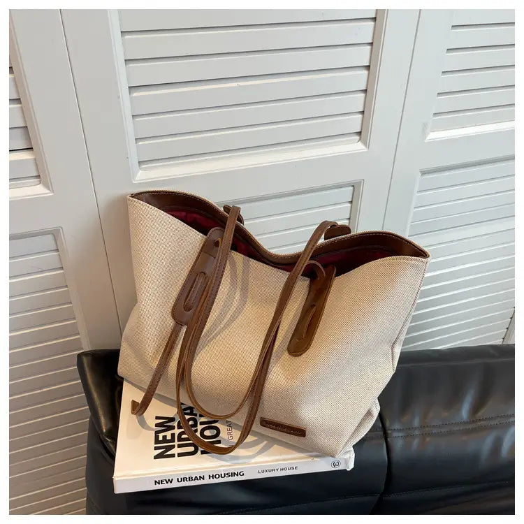 Canvas Shoulder Bag Large Oxford Tote Black Brown Double Strap for Travel Work