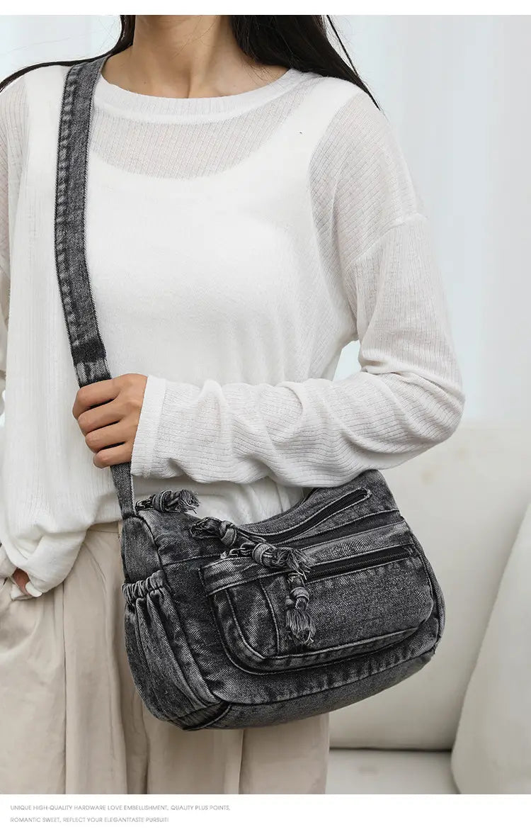 Large Capacity Versatile Bag with Denim Style and Multiple Pockets