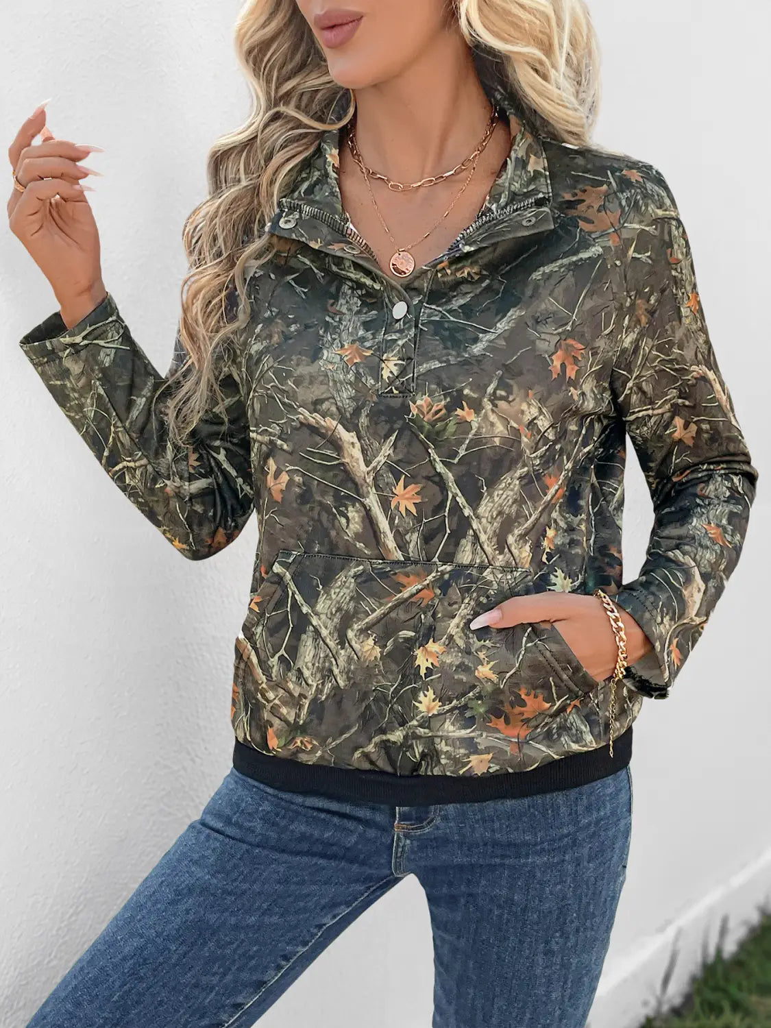 Army Green Floral Print Long Sleeve Shirt for Women Polyester Casual Top