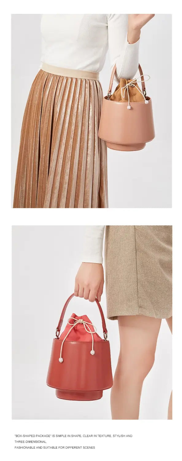 Original Drawstring Bucket Bag with Leather Two-Layer Design for Fashion Handheld