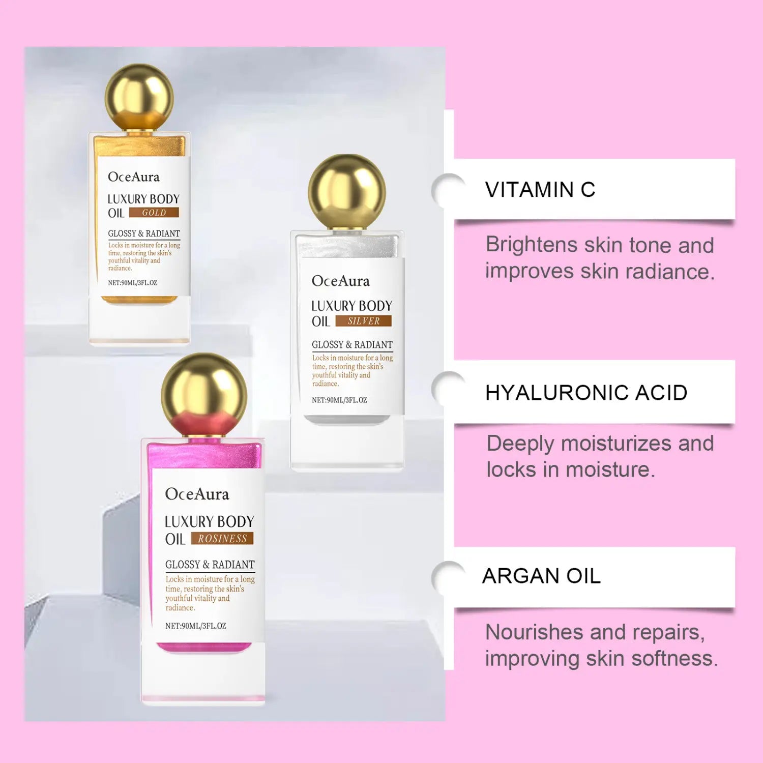 Glitter Body Oil for Massage Treatment Rose Silver Gold 90ml Export Only